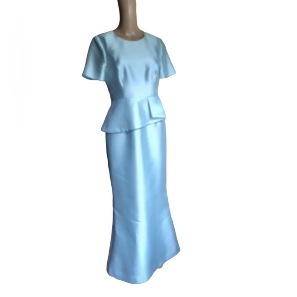 Black Halo Womens Short Sleeved Maxi Dress Long Blue Ruffled Gown Size 10